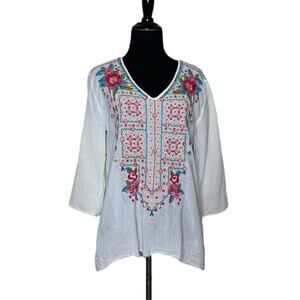 Johnny Was white embroidered floral boho v neck 3/4 sleeves tunic size small